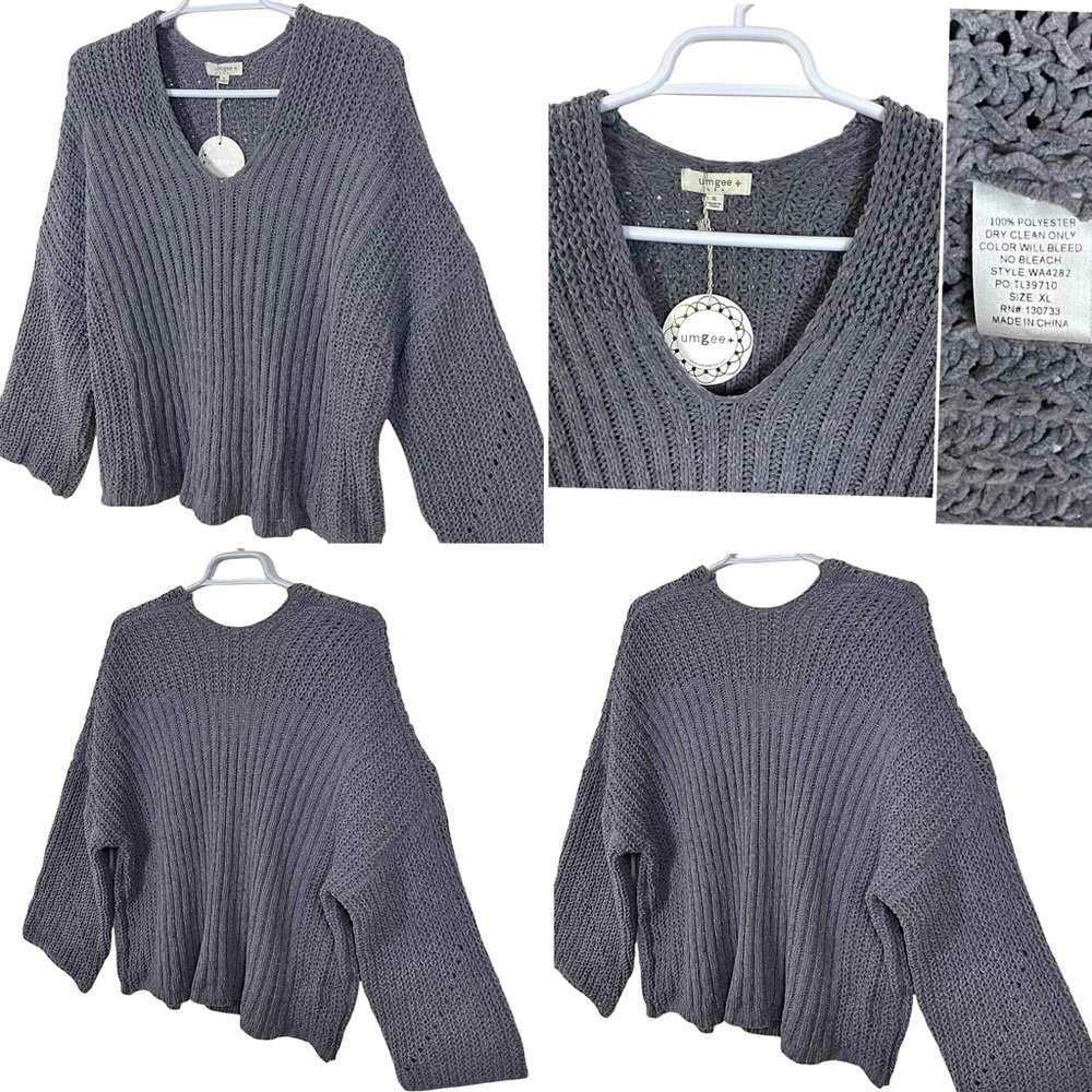 Umgee Oversized Chenille Loose Knit Wide Neckline V-neck Sweater - Picture 16 of 16